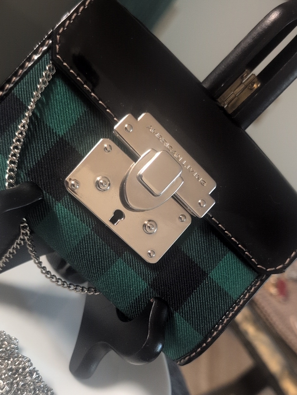 American Living Black Trim Green Plaid Mini Crossbody with Silver Lock